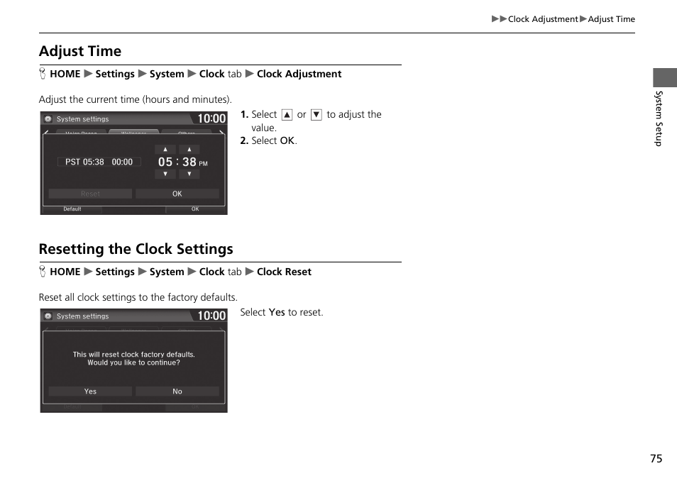 Adjust time resetting the clock settings, Adjust time p. 75, Adjust time | Resetting the clock settings | HONDA 2015 Fit - Navigation Manual User Manual | Page 76 / 253