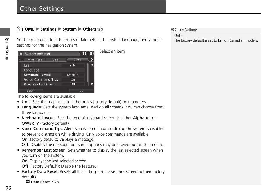 Other settings 76, Other settings, Other settings p. 76 | HONDA 2015 Fit - Navigation Manual User Manual | Page 77 / 253