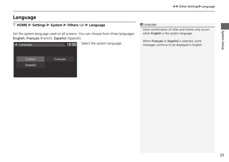 Language p. 77, Language | HONDA 2015 Fit - Navigation Manual User Manual | Page 78 / 253