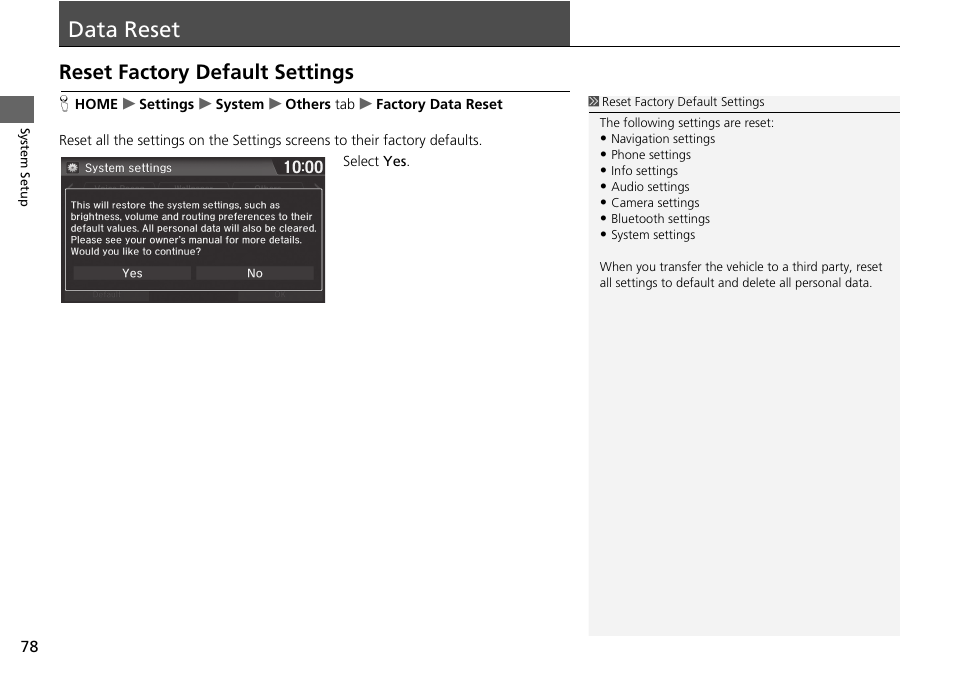 Data reset 78, Data reset, Reset factory default settings | HONDA 2015 Fit - Navigation Manual User Manual | Page 79 / 253