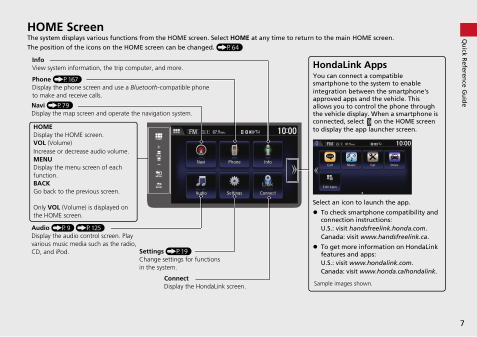 Home screen, Hondalink apps | HONDA 2015 Fit - Navigation Manual User Manual | Page 8 / 253