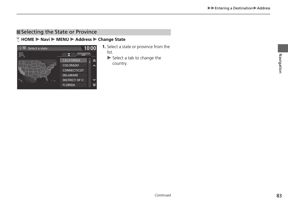 Selecting the state or province | HONDA 2015 Fit - Navigation Manual User Manual | Page 84 / 253