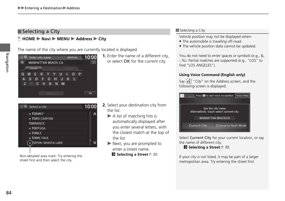 Selecting a city | HONDA 2015 Fit - Navigation Manual User Manual | Page 85 / 253