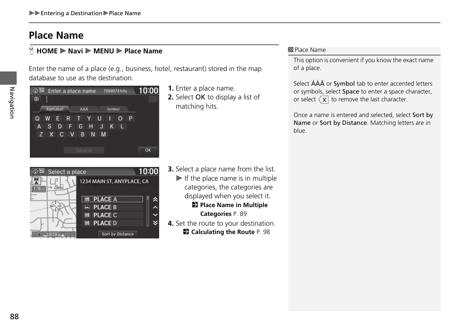 Place name p. 88, Place name | HONDA 2015 Fit - Navigation Manual User Manual | Page 89 / 253