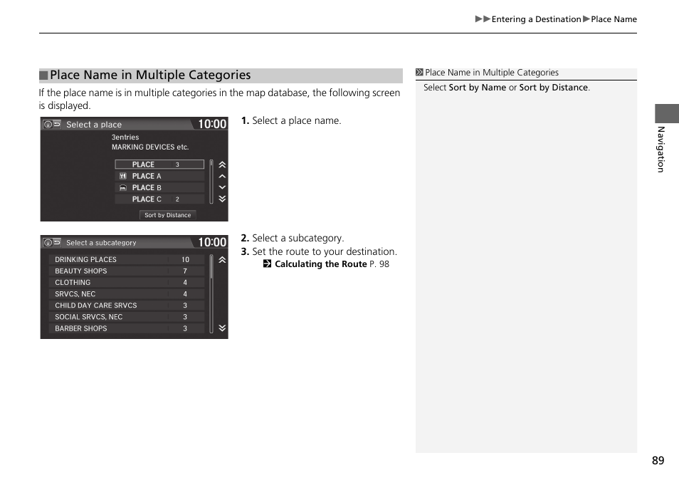 Place name in multiple, Categories, Place name in multiple categories | HONDA 2015 Fit - Navigation Manual User Manual | Page 90 / 253