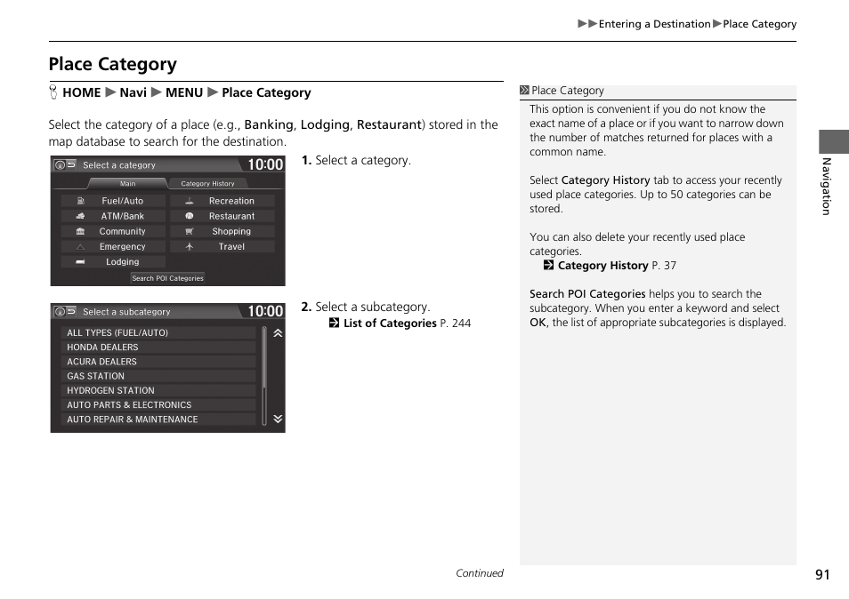 Place category p. 91, Place category | HONDA 2015 Fit - Navigation Manual User Manual | Page 92 / 253