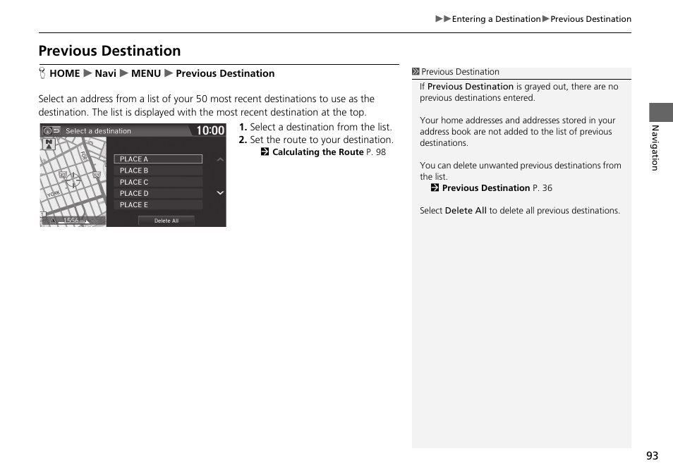 Previous destination, Previous destination p. 93 | HONDA 2015 Fit - Navigation Manual User Manual | Page 94 / 253