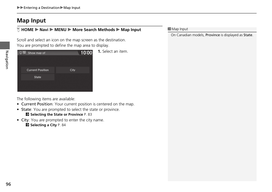 Map input, Map input p. 96 | HONDA 2015 Fit - Navigation Manual User Manual | Page 97 / 253