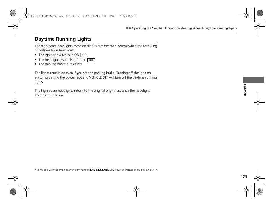 Daytime running lights | HONDA 2015 Fit - Owner's Manual User Manual | Page 126 / 453