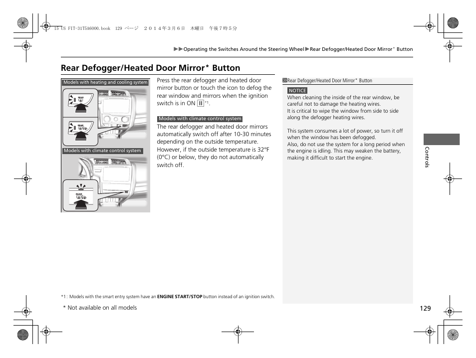 P129, Rear defogger/heated door mirror, Button | HONDA 2015 Fit - Owner's Manual User Manual | Page 130 / 453