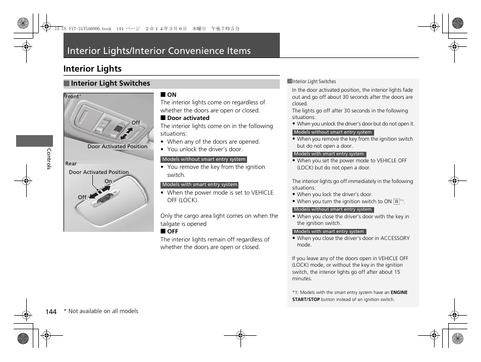 Interior lights/interior convenience items, P144), Interior lights | HONDA 2015 Fit - Owner's Manual User Manual | Page 145 / 453