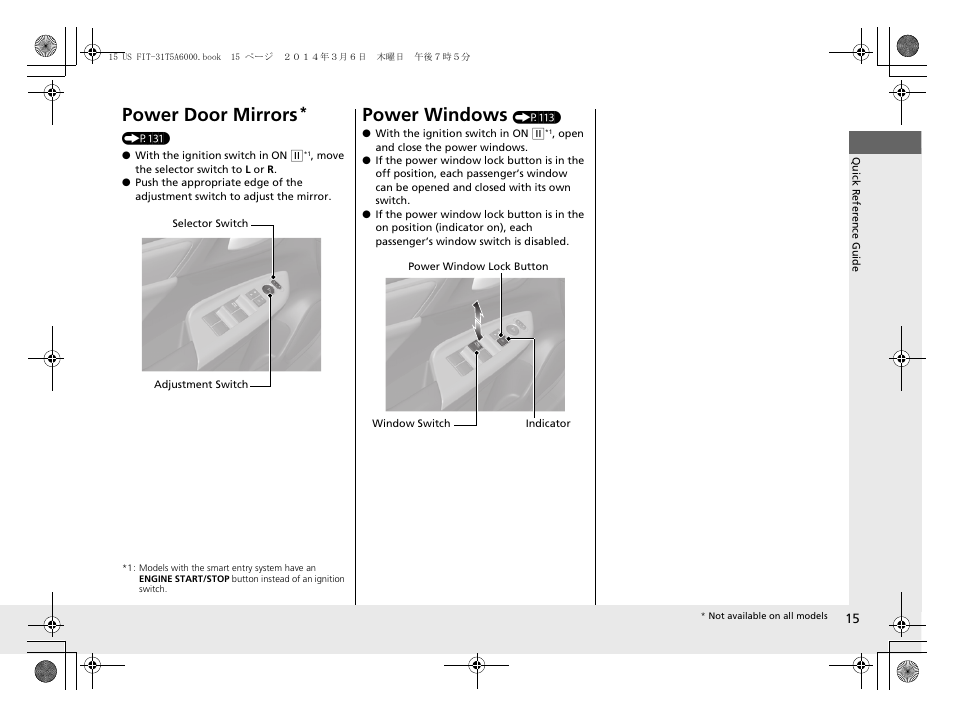 Power door mirrors, Power windows | HONDA 2015 Fit - Owner's Manual User Manual | Page 16 / 453