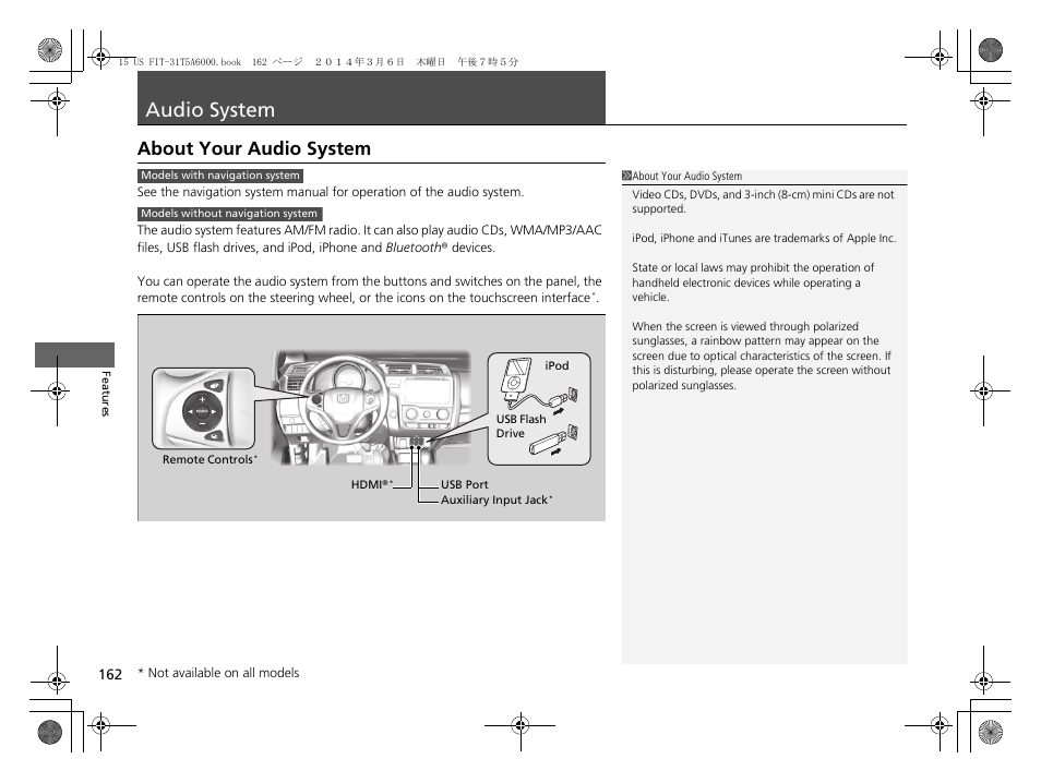 Audio system p. 162, P162), Audio system | About your audio system | HONDA 2015 Fit - Owner's Manual User Manual | Page 163 / 453