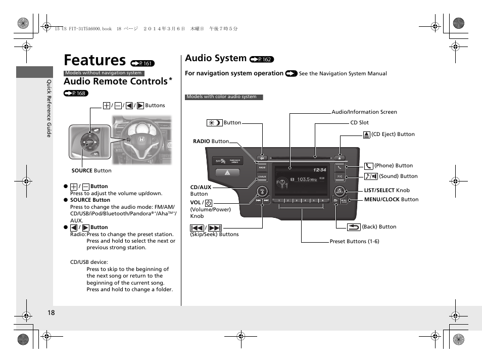 Features (p161), Features, Audio remote controls | Audio system | HONDA 2015 Fit - Owner's Manual User Manual | Page 19 / 453