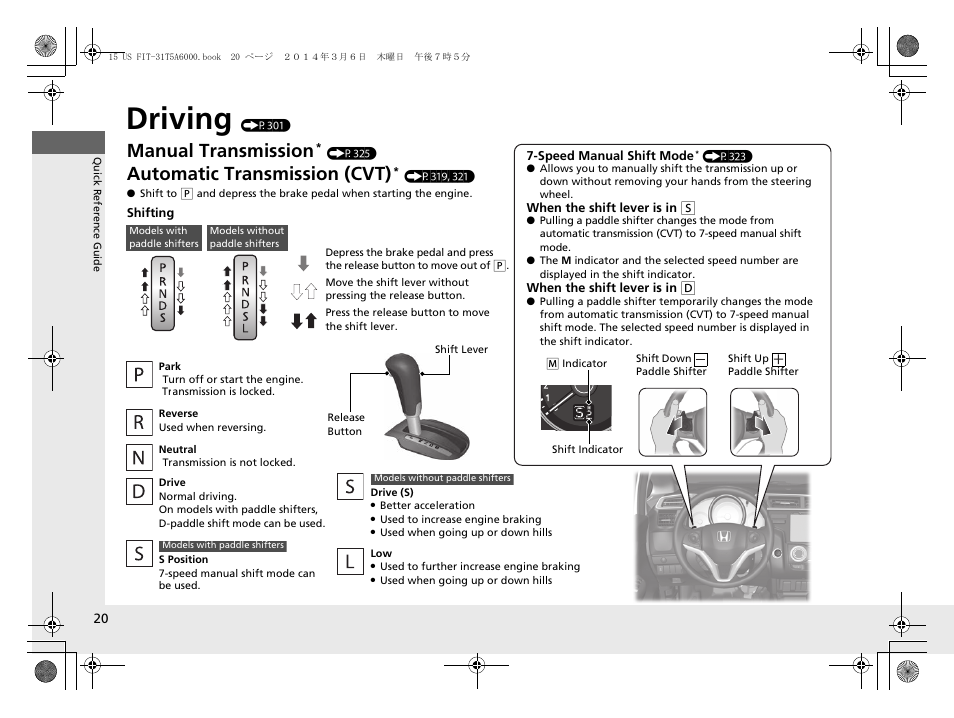 Driving (p301), Driving, Manual transmission | Automatic transmission (cvt) | HONDA 2015 Fit - Owner's Manual User Manual | Page 21 / 453