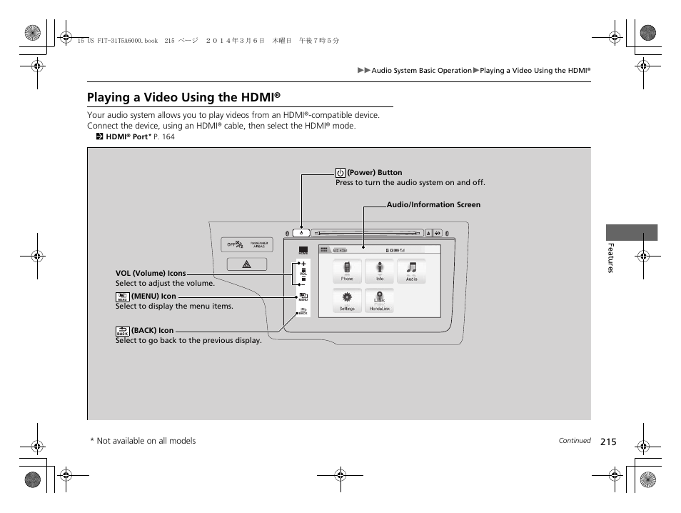 Playing a video using the hdmi | HONDA 2015 Fit - Owner's Manual User Manual | Page 216 / 453