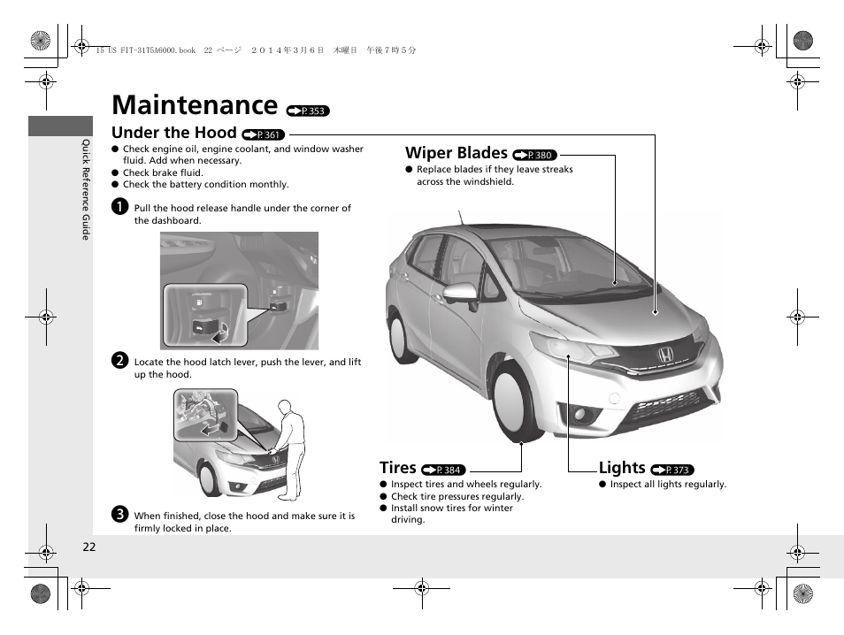 Maintenance (p353), Maintenance, Under the hood | Lights, Wiper blades, Tires | HONDA 2015 Fit - Owner's Manual User Manual | Page 23 / 453