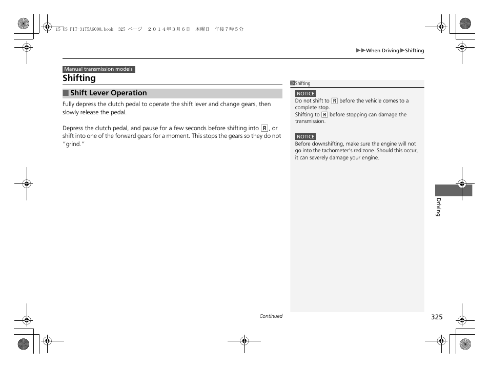 P325, P325), Shifting | HONDA 2015 Fit - Owner's Manual User Manual | Page 326 / 453