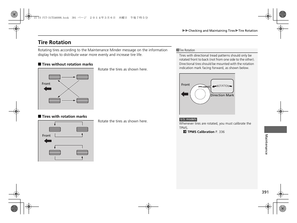 Tire rotation | HONDA 2015 Fit - Owner's Manual User Manual | Page 392 / 453