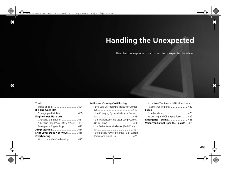 Handling the unexpected, P403 | HONDA 2015 Fit - Owner's Manual User Manual | Page 404 / 453