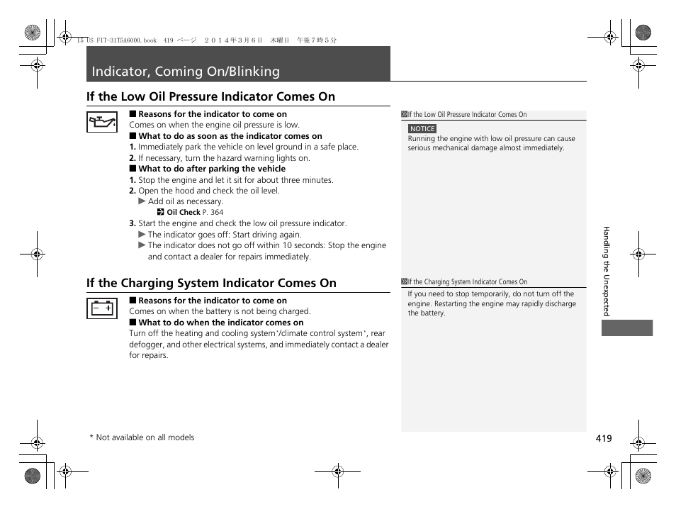 Indicator, coming on/blinking p. 419, P419, If the low oil pressure indicator comes on | If the charging system indicator comes on, Indicator, coming on/blinking, If the low oil pressure indicator comes, If the charging system indicator comes | HONDA 2015 Fit - Owner's Manual User Manual | Page 420 / 453