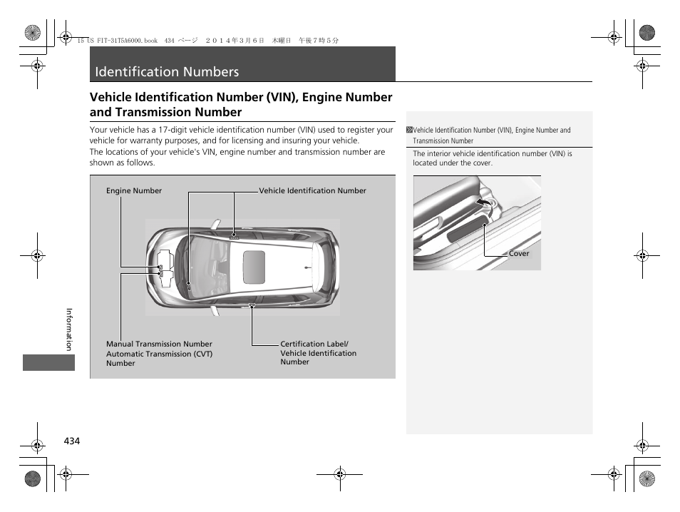 Identification numbers p. 434, Identification numbers, Vehicle identification number (vin) | Engine number and transmission number | HONDA 2015 Fit - Owner's Manual User Manual | Page 435 / 453