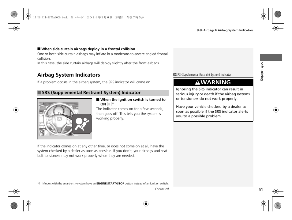 Airbag system indicators, Warning | HONDA 2015 Fit - Owner's Manual User Manual | Page 52 / 453