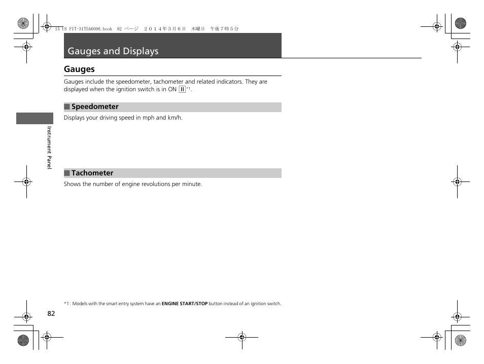 Gauges and displays, P82), Gauges | HONDA 2015 Fit - Owner's Manual User Manual | Page 83 / 453