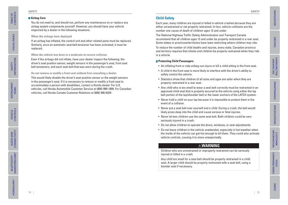 Child safety | HONDA 2015 Odyssey - Owner's Guide (Revised 09/24/2014) User Manual | Page 11 / 80