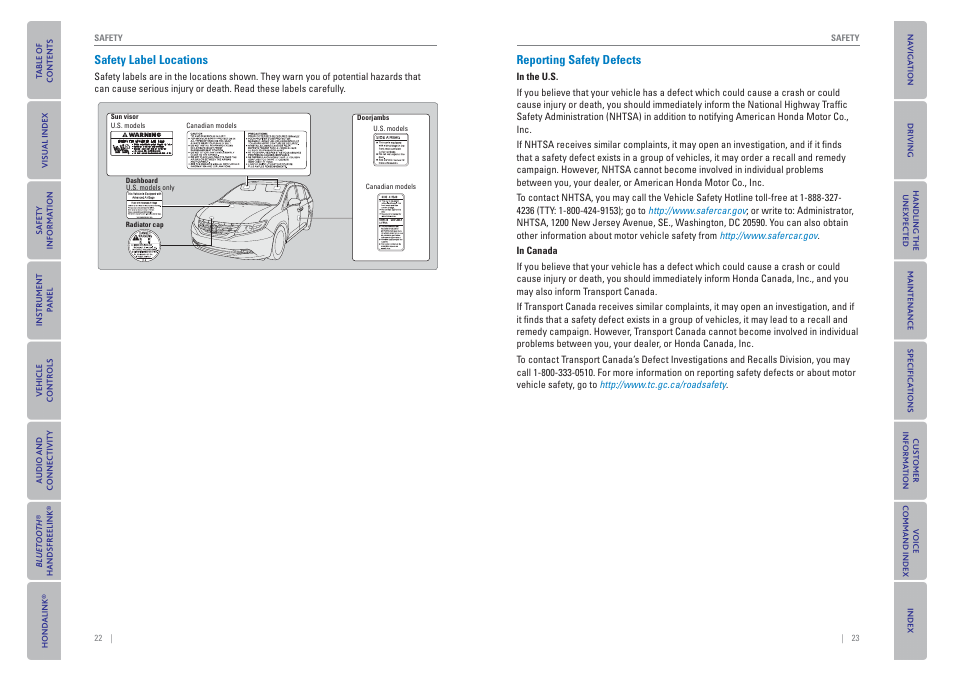 Safety label locations, Reporting safety defects | HONDA 2015 Odyssey - Owner's Guide (Revised 09/24/2014) User Manual | Page 15 / 80