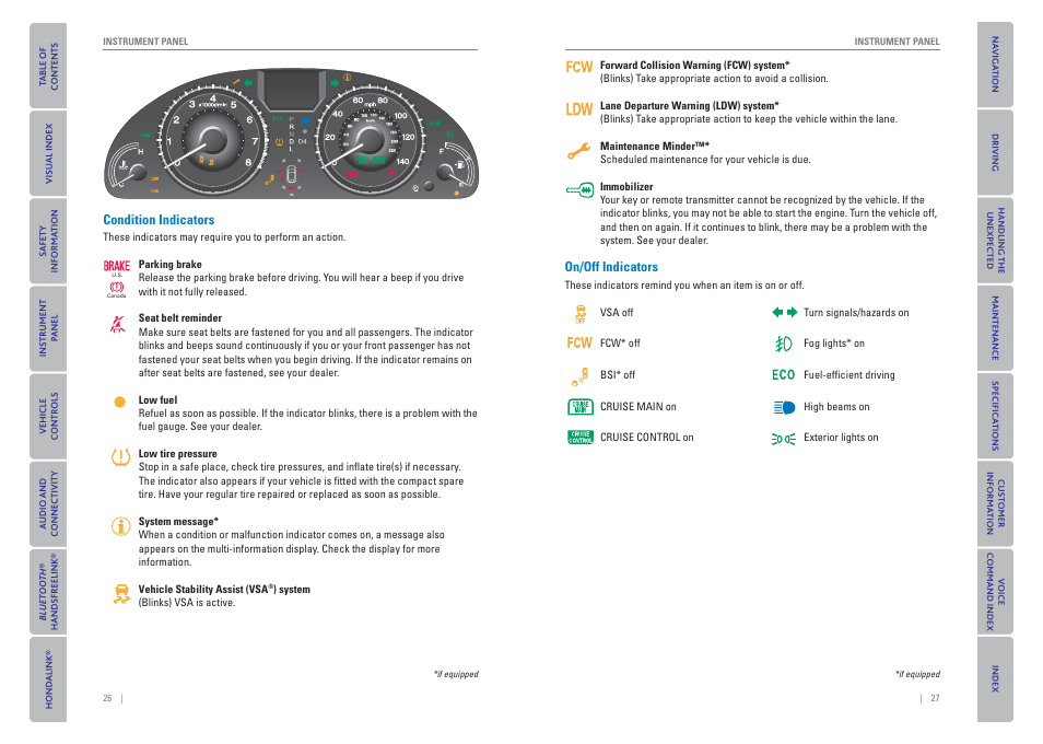 Condition indicators, On/off indicators | HONDA 2015 Odyssey - Owner's Guide (Revised 09/24/2014) User Manual | Page 17 / 80