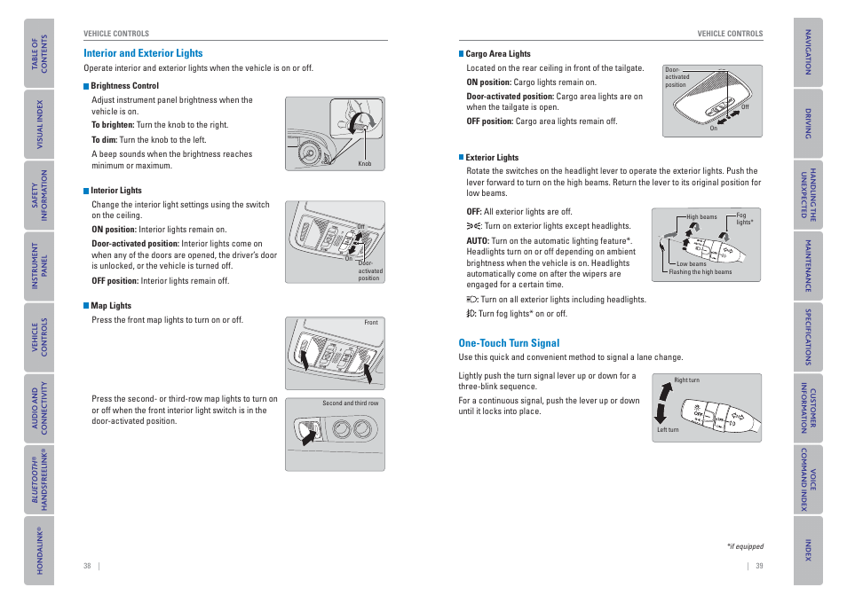 Interior and exterior lights, One-touch turn signal, P. 38, p. 39, p. 98 | P. 38 | HONDA 2015 Odyssey - Owner's Guide (Revised 09/24/2014) User Manual | Page 23 / 80