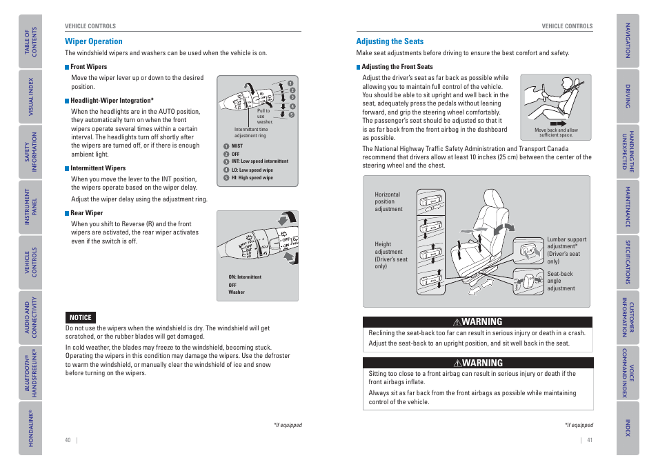 Wiper operation, Adjusting the seats, P. 40 | G unclear, Warning | HONDA 2015 Odyssey - Owner's Guide (Revised 09/24/2014) User Manual | Page 24 / 80