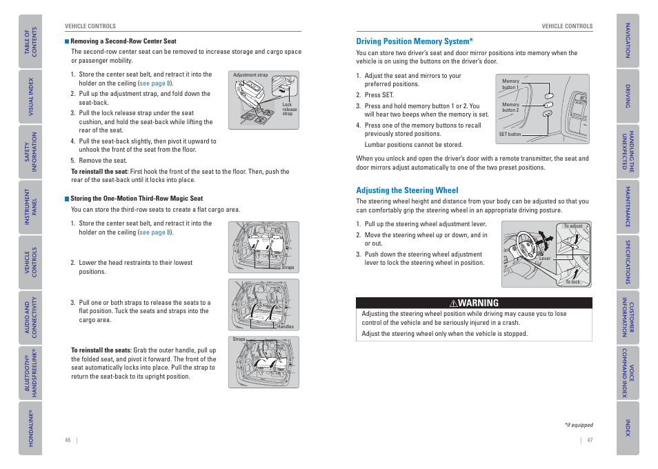 Driving position memory system, Adjusting the steering wheel, P. 47 | Warning | HONDA 2015 Odyssey - Owner's Guide (Revised 09/24/2014) User Manual | Page 27 / 80