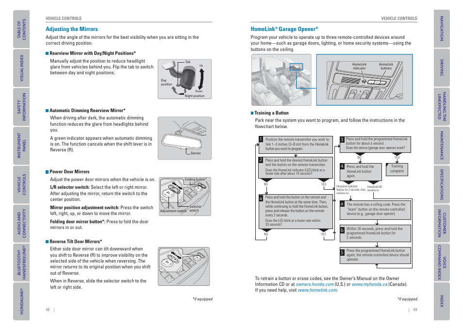 Adjusting the mirrors, Homelink, Garage opener | P. 48, P. 49 | HONDA 2015 Odyssey - Owner's Guide (Revised 09/24/2014) User Manual | Page 28 / 80