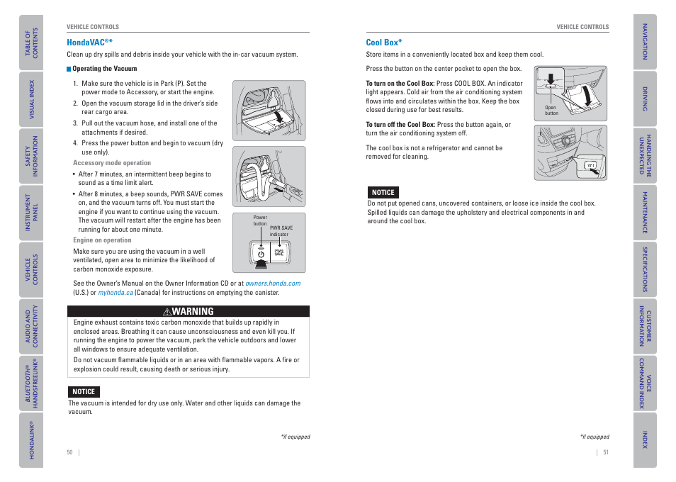Hondavac, Cool box, P. 51 | HONDA 2015 Odyssey - Owner's Guide (Revised 09/24/2014) User Manual | Page 29 / 80