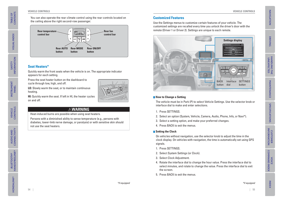 Seat heaters, Customized features, P. 54 | HONDA 2015 Odyssey - Owner's Guide (Revised 09/24/2014) User Manual | Page 31 / 80