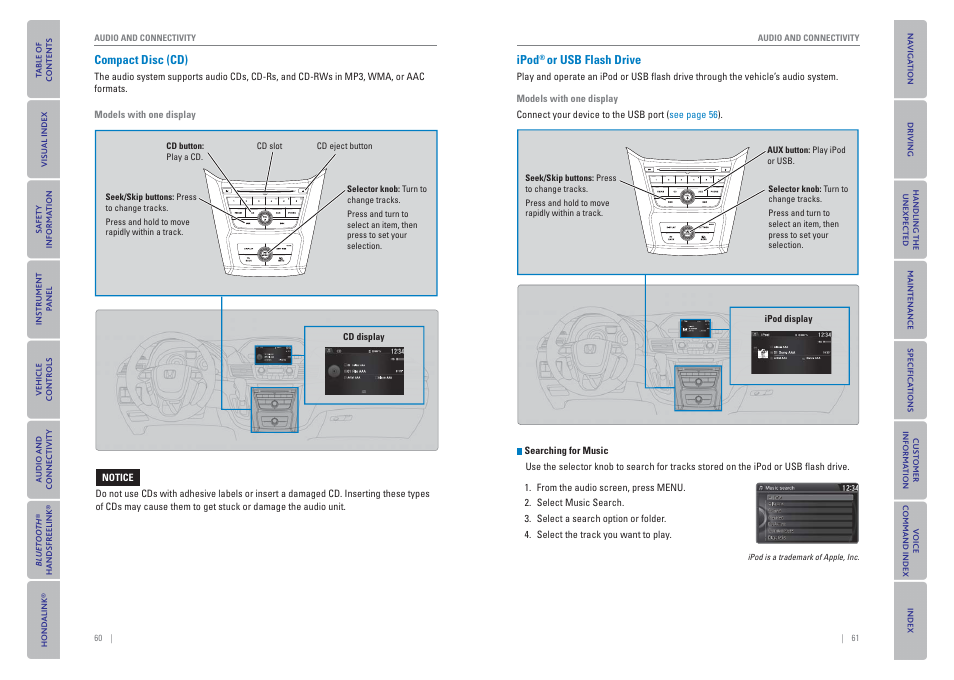 Compact disc (cd), Ipod, Or usb flash drive | HONDA 2015 Odyssey - Owner's Guide (Revised 09/24/2014) User Manual | Page 34 / 80