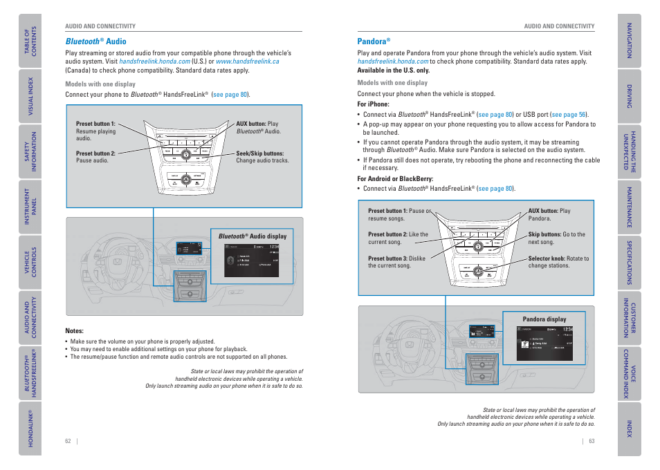 Bluetooth, Audio, Pandora | HONDA 2015 Odyssey - Owner's Guide (Revised 09/24/2014) User Manual | Page 35 / 80