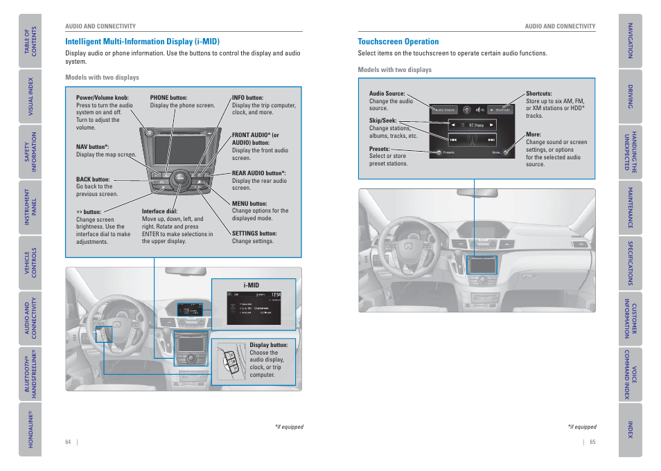 I-mid), Touchscreen operation, Display (i-mid) | P. 64, Ouchscreen, P. 65, P. 64, p. 78, p. 84, Rear audio front audio nav | HONDA 2015 Odyssey - Owner's Guide (Revised 09/24/2014) User Manual | Page 36 / 80