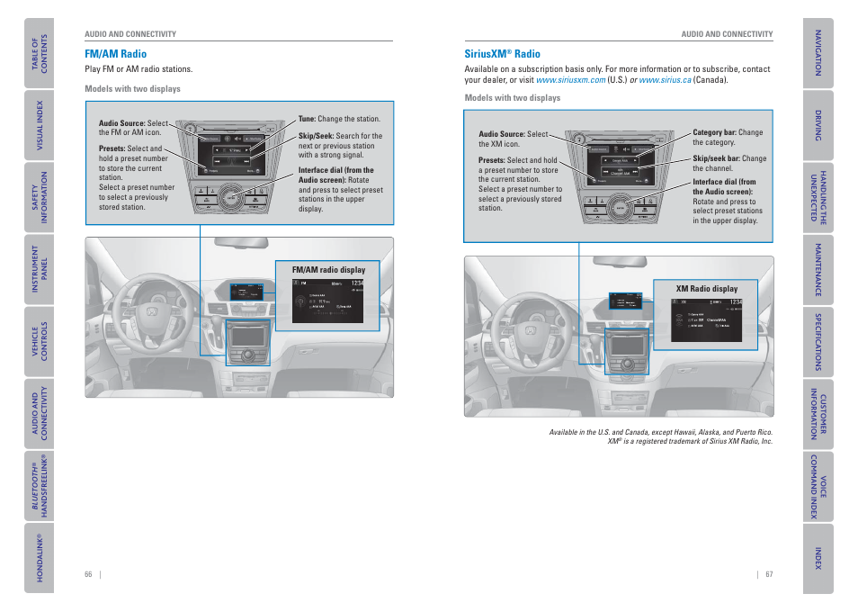 Fm/am radio, Siriusxm, Radio | HONDA 2015 Odyssey - Owner's Guide (Revised 09/24/2014) User Manual | Page 37 / 80