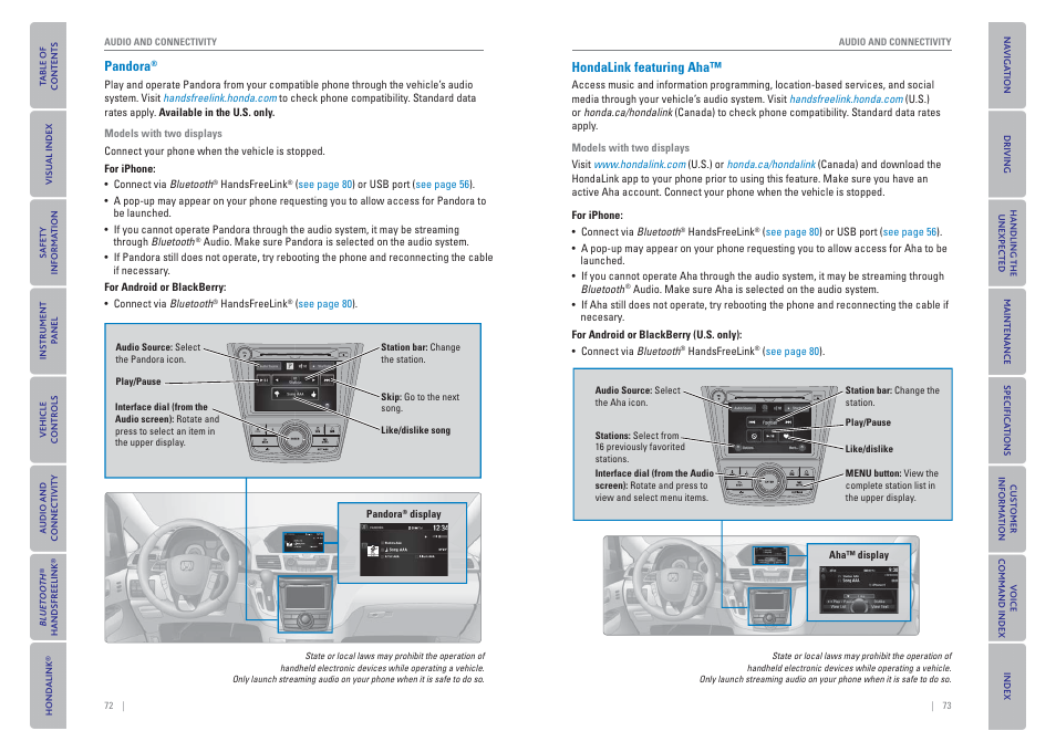 Pandora, Hondalink featuring aha | HONDA 2015 Odyssey - Owner's Guide (Revised 09/24/2014) User Manual | Page 40 / 80