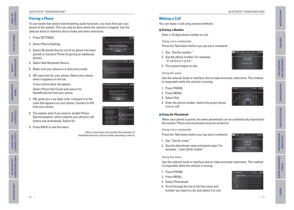 Pairing a phone, Making a call, Or usb port | HONDA 2015 Odyssey - Owner's Guide (Revised 09/24/2014) User Manual | Page 44 / 80