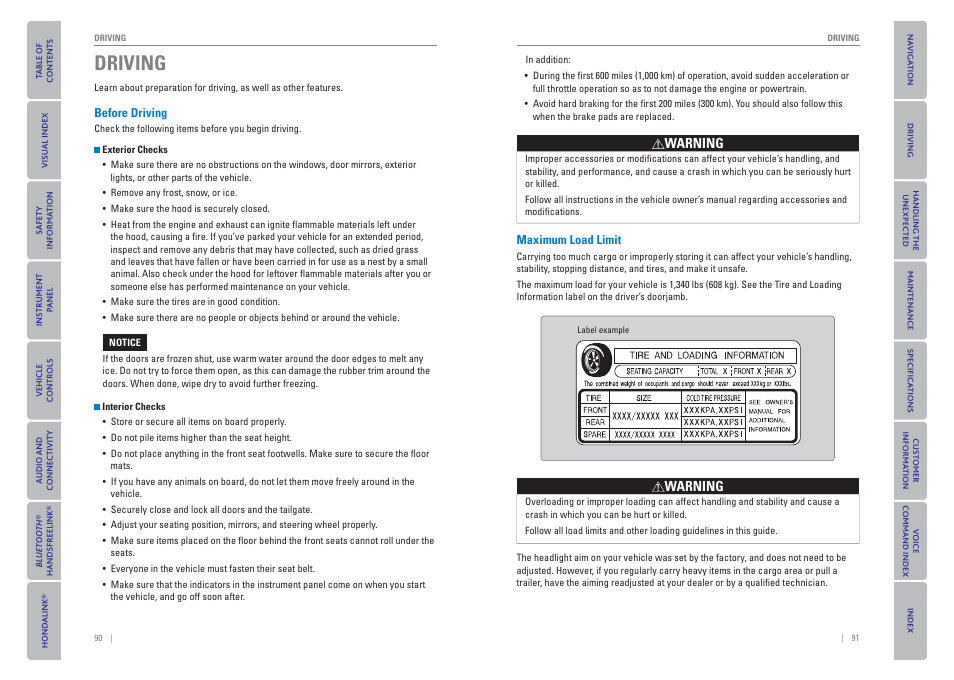 Driving, Before driving, Maximum load limit | HONDA 2015 Odyssey - Owner's Guide (Revised 09/24/2014) User Manual | Page 49 / 80