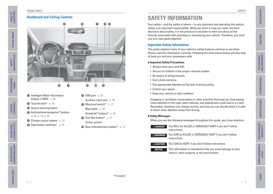 Dashboard and ceiling controls, Safety information, Important safety information | HONDA 2015 Odyssey - Owner's Guide (Revised 09/24/2014) User Manual | Page 5 / 80