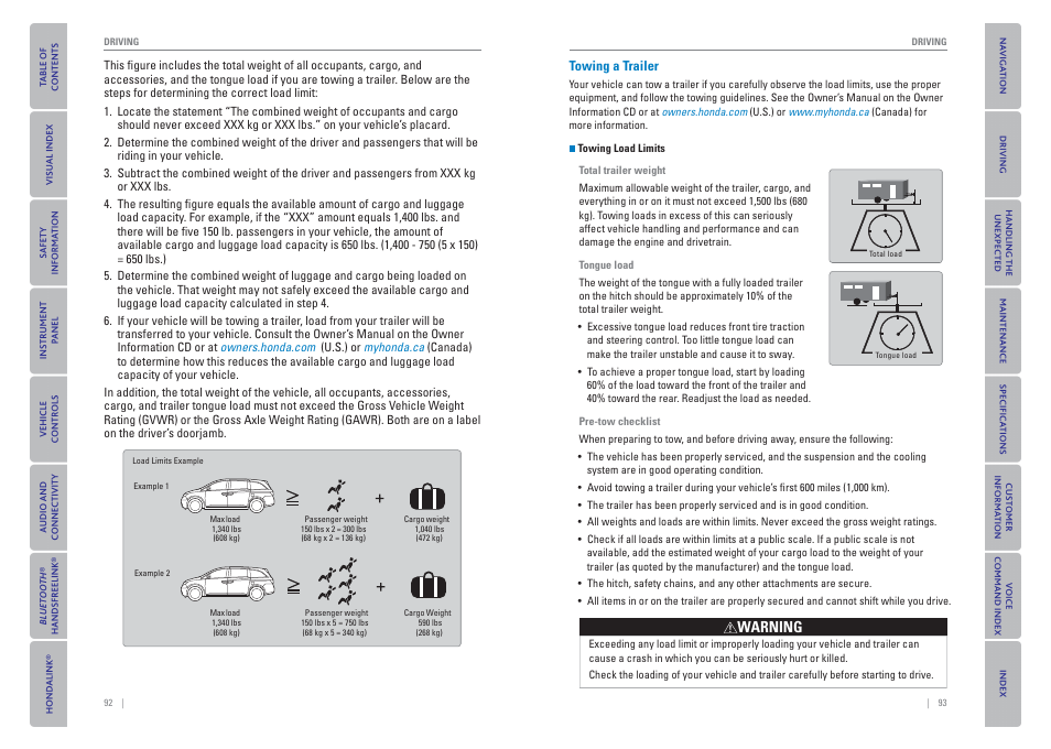 Towing a trailer, Warning | HONDA 2015 Odyssey - Owner's Guide (Revised 09/24/2014) User Manual | Page 50 / 80