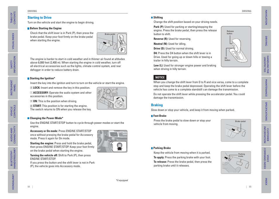 P. 94, Starting to drive, Braking | HONDA 2015 Odyssey - Owner's Guide (Revised 09/24/2014) User Manual | Page 51 / 80