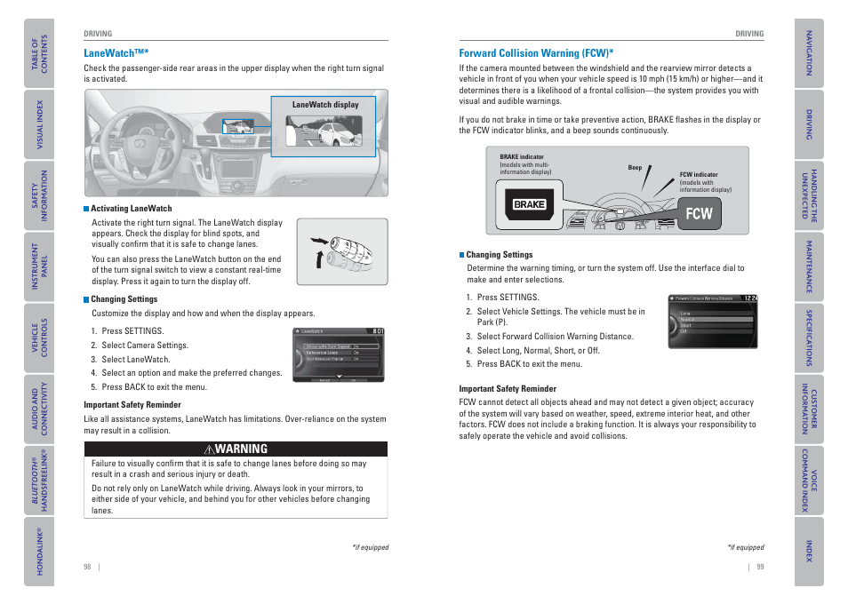 Lanewatch, Forward collision warning (fcw) | HONDA 2015 Odyssey - Owner's Guide (Revised 09/24/2014) User Manual | Page 53 / 80