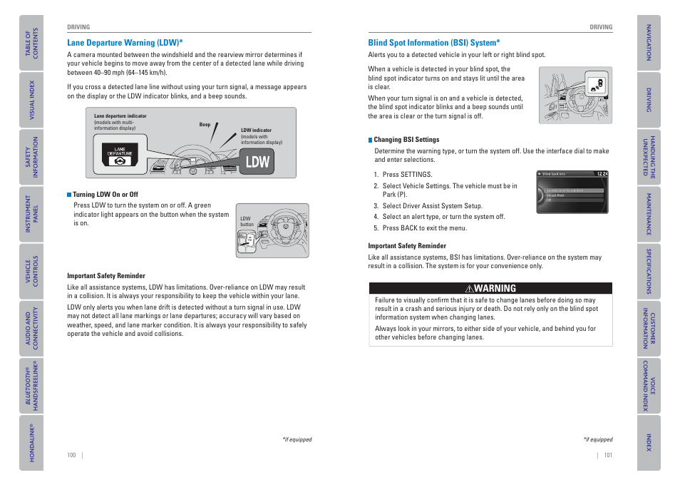 P. 100, Lane departure warning (ldw), Blind spot information (bsi) system | HONDA 2015 Odyssey - Owner's Guide (Revised 09/24/2014) User Manual | Page 54 / 80