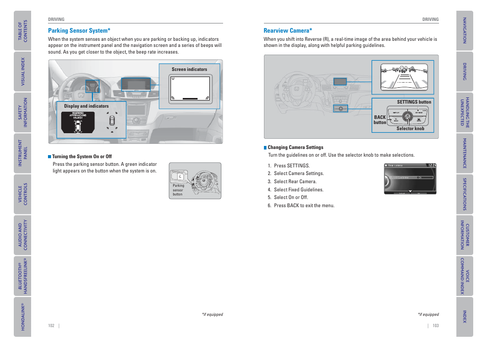 P. 102, Parking sensor system, Rearview camera | HONDA 2015 Odyssey - Owner's Guide (Revised 09/24/2014) User Manual | Page 55 / 80